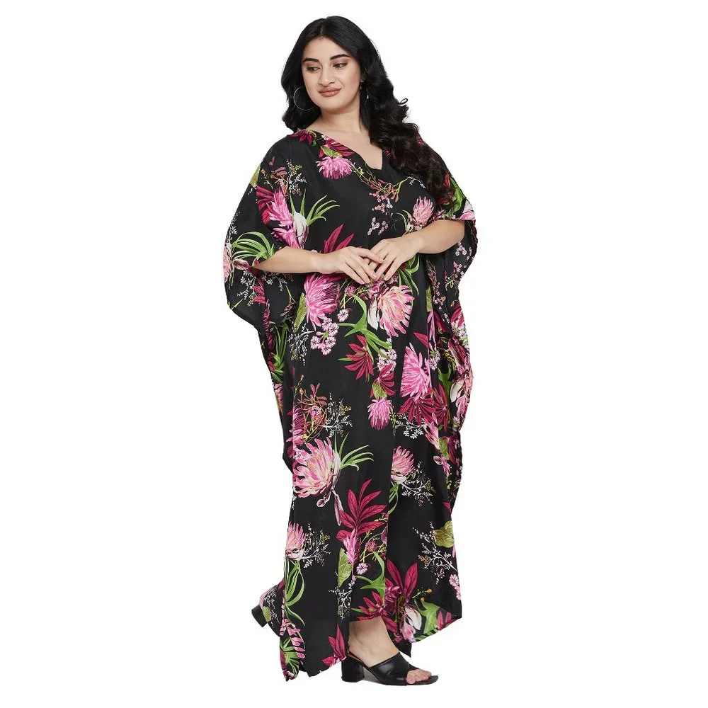 Plus Floral V-Neck Swim Coverup Kaftan in Black and Pink - Picture 4 of 9